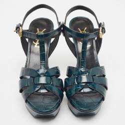 Pre Owned Saint Laurent Green Croc Embossed Leather Tribute Sandals Size 36 