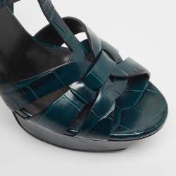 Pre Owned Saint Laurent Green Croc Embossed Leather Tribute Sandals Size 36 