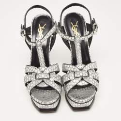Saint Laurent Silver Python Embossed Leather Tribute  Ankle Strap Sandals Size 36.5