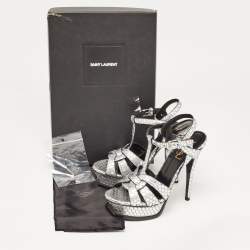 Saint Laurent Silver Python Embossed Leather Tribute  Ankle Strap Sandals Size 36.5