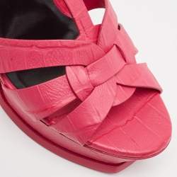 Pre Owned Saint Laurent Pink Croc Embossed Leather Tribute Sandals Size 38.5