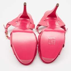 Pre Owned Saint Laurent Pink Croc Embossed Leather Tribute Sandals Size 38.5