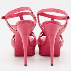 Pre Owned Saint Laurent Pink Croc Embossed Leather Tribute Sandals Size 38.5