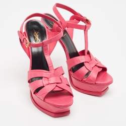 Pre Owned Saint Laurent Pink Croc Embossed Leather Tribute Sandals Size 38.5