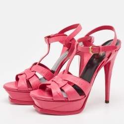 Pre Owned Saint Laurent Pink Croc Embossed Leather Tribute Sandals Size 38.5