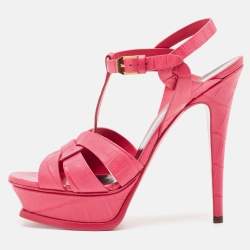 Pre Owned Saint Laurent Pink Croc Embossed Leather Tribute Sandals Size 38.5