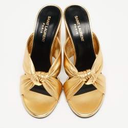 Saint Laurent Gold Gold Leather Bianca Slides Size 38.5