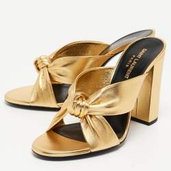 Saint Laurent Gold Gold Leather Bianca Slides Size 38.5