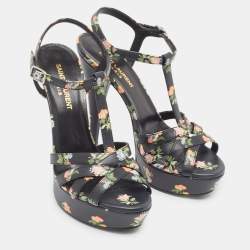 Pre Owned Saint Laurent Black Floral Print Leather Platform Sandals Size 37.5