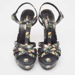 Pre Owned Saint Laurent Black Floral Print Leather Platform Sandals Size 37.5