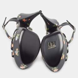 Pre Owned Saint Laurent Black Floral Print Leather Platform Sandals Size 37.5