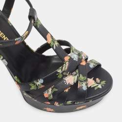 Pre Owned Saint Laurent Black Floral Print Leather Platform Sandals Size 37.5