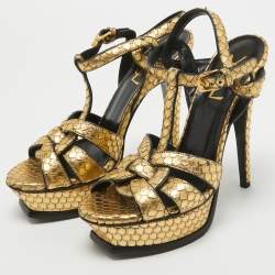 Saint Laurent Gold Embossed Python Tribute Sandals Size 36