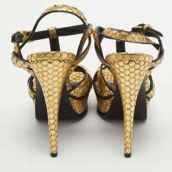 Saint Laurent Gold Embossed Python Tribute Sandals Size 36
