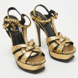 Saint Laurent Gold Embossed Python Tribute Sandals Size 36