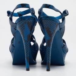 مملوكة مسبقًا Saint Laurent Paris Python Embossed Leather Tribute Platform Ankle Strap Sandals Size 36