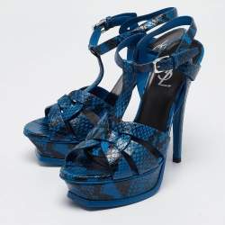 مملوكة مسبقًا Saint Laurent Paris Python Embossed Leather Tribute Platform Ankle Strap Sandals Size 36