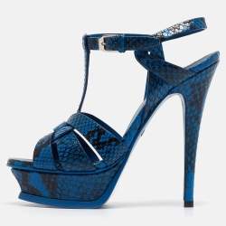مملوكة مسبقًا Saint Laurent Paris Python Embossed Leather Tribute Platform Ankle Strap Sandals Size 36