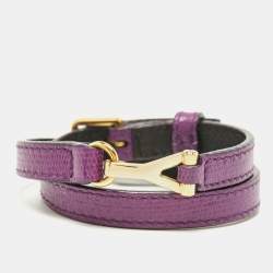 Pre Owned Saint Laurent Paris Chyc Leather Gold Tone Bracelet