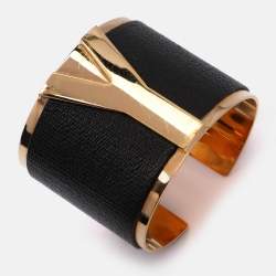 Pre Owned Yves Saint Laurent Black/Gold Tone Metal and Leather Y Wide Cuff Bracelet