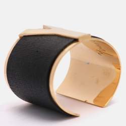 Pre Owned Yves Saint Laurent Black/Gold Tone Metal and Leather Y Wide Cuff Bracelet