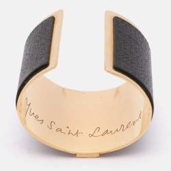 Pre Owned Yves Saint Laurent Black/Gold Tone Metal and Leather Y Wide Cuff Bracelet