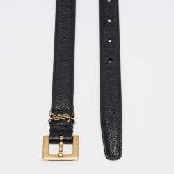 Pre Owned Saint Laurent Black Leather Cassandre Slim Belt 75 CM