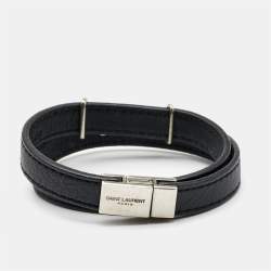 Saint Laurent Opyum Black Leather Silver Tone Wrap Bracelet