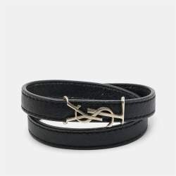 Saint Laurent Opyum Black Leather Silver Tone Wrap Bracelet