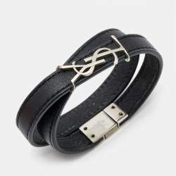 Saint Laurent Opyum Black Leather Silver Tone Wrap Bracelet