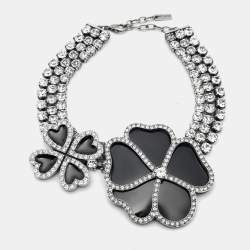 Pre Owned Saint Laurent Crystal Heart Clover Silver Tone Choker Necklace