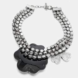 Pre Owned Saint Laurent Crystal Heart Clover Silver Tone Choker Necklace