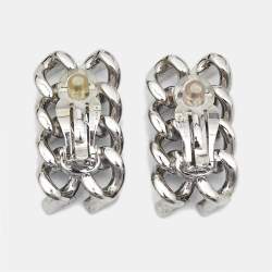 Saint Laurent  Chain Link Crystal Silver Tone Clip On Earrings