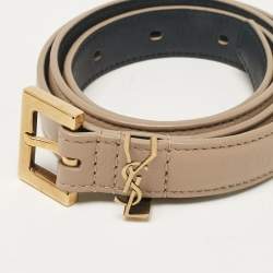 Pre Owned Saint Laurent Beige Leather Monogram Square Buckle Belt 70CM