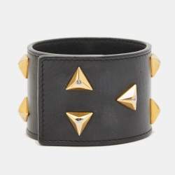 Saint Laurent Paris Black Triangle Studs Leather Gold Tone Cuff Bracelet