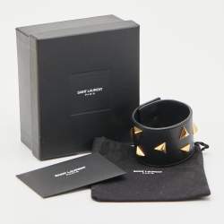Saint Laurent Paris Black Triangle Studs Leather Gold Tone Cuff Bracelet