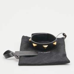 Pre Owned Saint Laurent Paris Black Leather Triangle Studs Gold Tone Cuff Bracelet