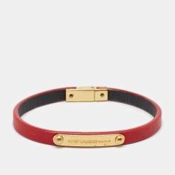 Pre Owned Saint Laurent  Red Logo Leather Gold Tone Bracelet