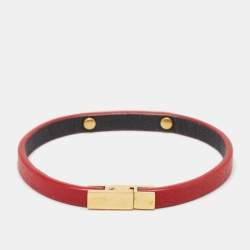 Pre Owned Saint Laurent  Red Logo Leather Gold Tone Bracelet