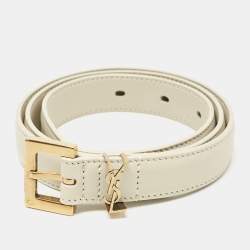 Pre Owned Saint Laurent Off White Leather Cassandre Slim Belt 70 CM