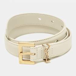 Pre Owned Saint Laurent Off White Leather Cassandre Slim Belt 70 CM