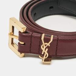 Pre Owned Saint Laurent Burgundy Leather Buckle Slim Belt 75 CM