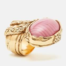 Pre Owned Saint Laurent Pink Cabochon Arty Gold Tone Cocktail Ring Size 57