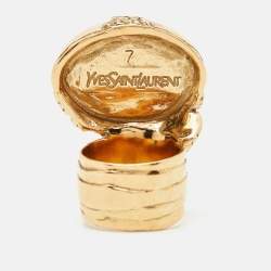 Pre Owned Saint Laurent Pink Cabochon Arty Gold Tone Cocktail Ring Size 57