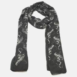 Saint Laurent Paris Black Revolver Print Cashmere Voile Scarf 