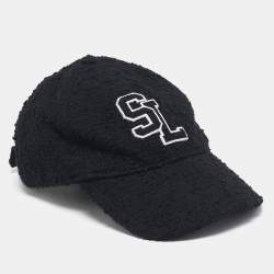 Saint Laurent Black Logo Wool Boucle Tweed Baseball Cap Size 56