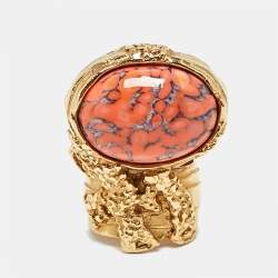 Pre Owned Saint Laurent Paris Arty Glass Gold Tone Ring Size 58