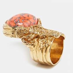 Pre Owned Saint Laurent Paris Arty Glass Gold Tone Ring Size 58