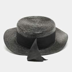 Saint Laurent Paris Black Canotier Lacquered Straw Boater Hat S