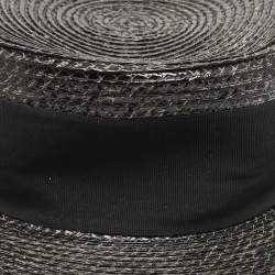 Saint Laurent Paris Black Canotier Lacquered Straw Boater Hat S